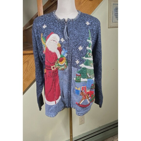 Heirloom Collectibles Sz L Vtg 90s Christmas Holiday Knit Zip Cardigan Sweater - Picture 1 of 16